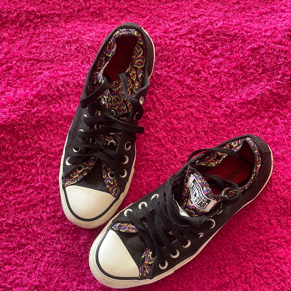 Converse Black w/multi-colored lining, low top sneakers.